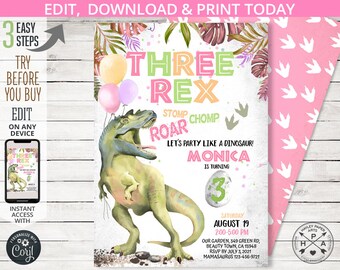 Three Rex dinosaur third birthday invitation T-Rex girl 3rd dino party dino-mite dino pink roar birthday card. Editable printable. 137HPA 01