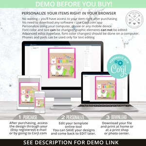 Peut inclure: Pr&eacute;sentation d'un design num&eacute;rique sur ordinateur, tablette et t&eacute;l&eacute;phone. Le design pr&eacute;sente un lama avec le texte "A whole llama fun!" et "Amanda's first birthday." Des instructions sont fournies pour la personnalisation et le t&eacute;l&eacute;chargement.