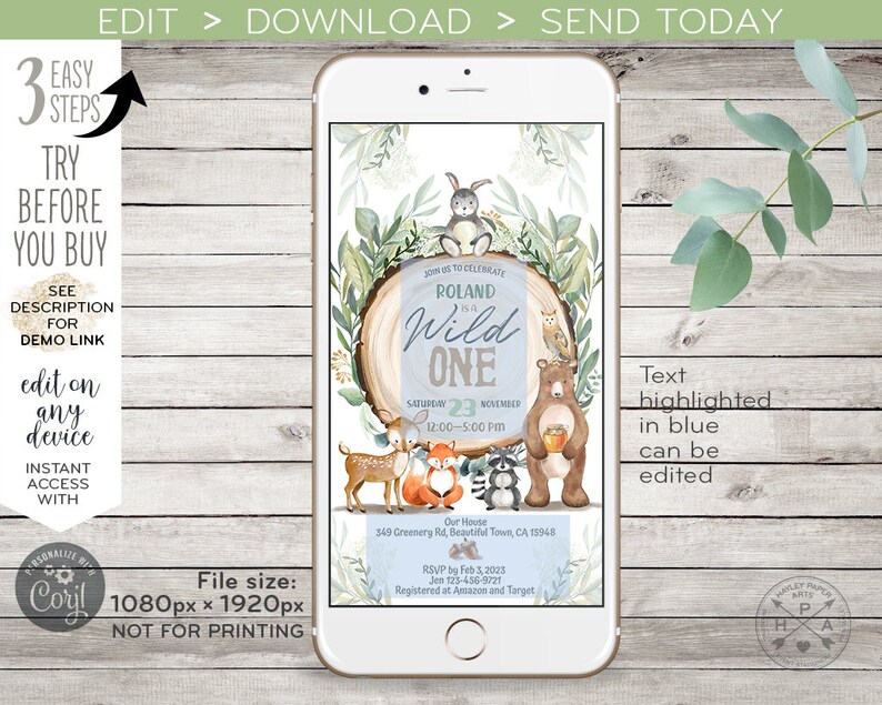 May include: A digital invitation for a first birthday party with a woodland theme. The invitation features a blue background with a woodgrain circle and a watercolor illustration of a deer, fox, raccoon, bear, and bunny. The text "Roland is Wild One" is written in white with a blue outline. The invitation also includes the date, time, and location of the party.