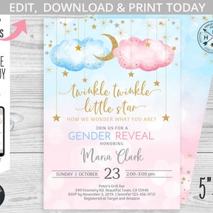 Twinkle twinkle little star gender reveal baby shower pink blue clouds stars invitation. Instant access to selfeditable template. 177HPA 02