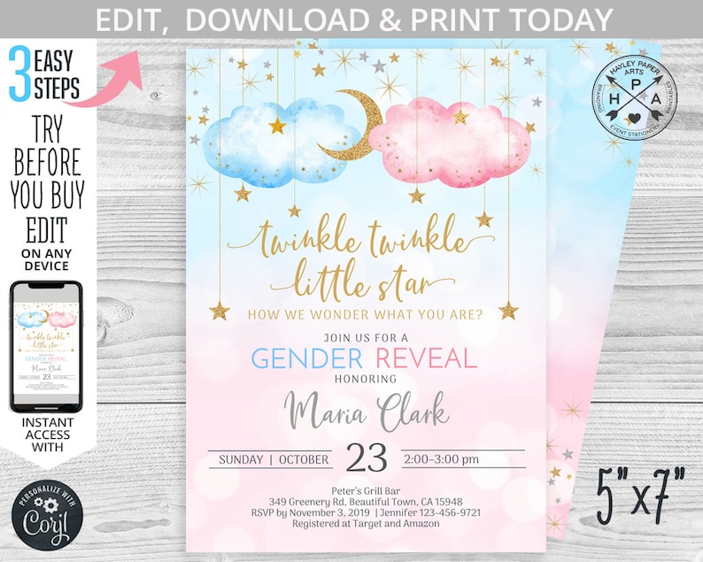 Twinkle twinkle little star gender reveal baby shower pink blue clouds stars invitation. Instant access to selfeditable template. 177HPA 02 image 1