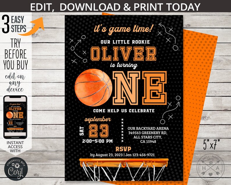 May include: A black and orange basketball-themed first birthday party invitation with a basketball graphic, the text "It's game time! Our little rookie Oliver is turning one", and the date "September 23".