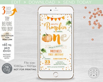 Little pumpkin electronic first birthday fall invitation orange green smartphone e-vite, digital invite. Selfediting. 400HPA E079 01 079HPA