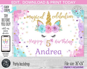May include: A printable party backdrop featuring a unicorn with a gold horn and flowers. The backdrop is decorated with stars and watercolor washes in shades of pink, purple, and blue. The text "magical celebration" is written in gold glitter font. The text "Happy 5th Birthday Andrea" is written in pink, purple, and gold glitter font. The backdrop is 36 inches by 24 inches.