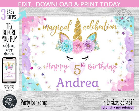 Unicorn any age birthday magical table backdrop 36x24 purple pink gold girl five magic party back drop poster. Editable template. 046HPA 06 Il_570xn