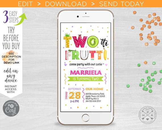 TWOtti frutti electronic second birthday tutti fruity two-tti invitation 2nd invite smartphone e-vite digital invite. 400HPA E028 02 028HPA Il_570xn