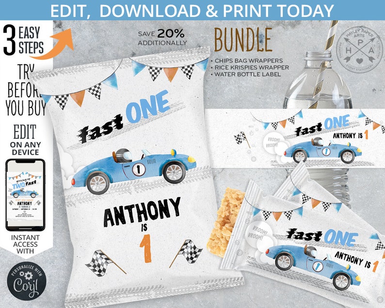May include: A printable party favour bundle for a first birthday party with a race car theme. The bundle includes a crisp bag wrapper, a Rice Krispies wrapper, and a water bottle label. All items feature a blue race car with the text "Fast One" and "Anthony is 1".