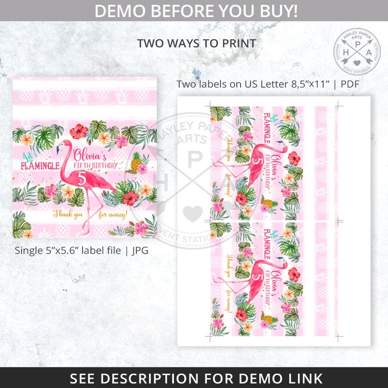 May include: Two printable designs for a flamingo themed birthday party. The design features a pink flamingo with the text "Let's Flamingle Olivia's Fifth Birthday" and a pineapple. The design is on a pink and white striped background with tropical leaves and flowers.