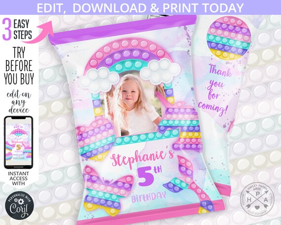Pop it chips bag, fidget toys chip snacks pouch, wrapper, any age bubble girl photo unicorn rainbow birthday party. Editable. 175HPA 30 S Il_570xn