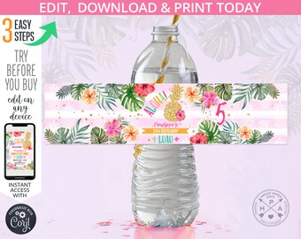 Pineapple aloha hawaiian water bottle label luau hibiscus birthday tropical pink party fiesta decoration. Editable printable. 187HPA 12 B