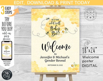He or She Baby Bee welcome sign 18x24 baby gender reveal shower honey bumble hive entrance guestbook poster. Editable template. 049HPA 18 C