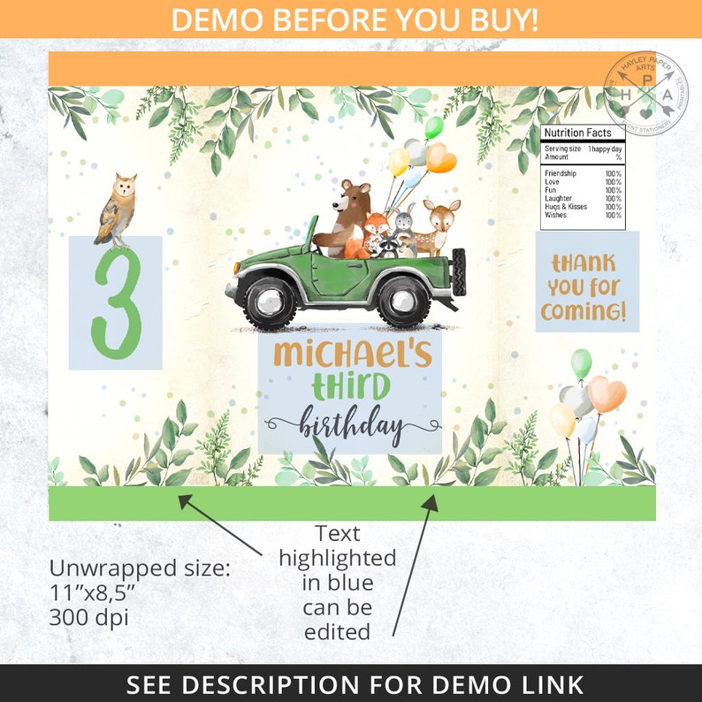 Woodland animals green jeep chips bag favor chip pouch wrapper snacks bags any age boy girl fall birthday party editable template 088HPA 21