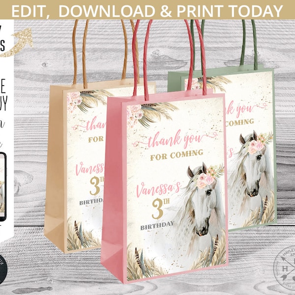 Horse cowgirl paper bag label, gift bags labels, pony pampas grass pastel flowers roses birthday party. Editable printables. 176HPA 15 B