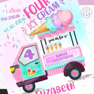 May include: A pink and blue ice cream truck with a large number "4" on the side. The truck has a sign that says "Four Ice Cream" and "Join us for a Sweet Celebration".
