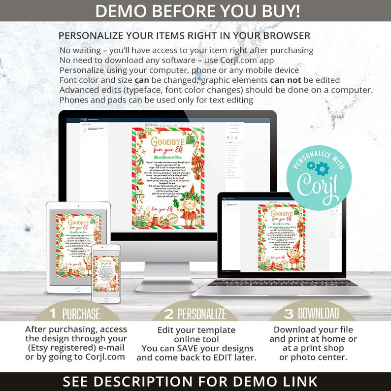 May include: A digital Christmas-themed template displayed on various devices, including a computer, tablet, and phone. The template features festive graphics and the text "Goodbye from your Elf." Instructions for purchase, personalization, and download are also included.