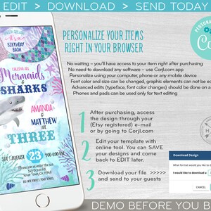 May include: A digital invitation for a mermaid and shark themed birthday party. The invitation features a mermaid tail, a shark, and the text "Calling all Mermaids & Sharks Amanda & Matthew are Three". The invitation is customizable using the Corjl.com app.