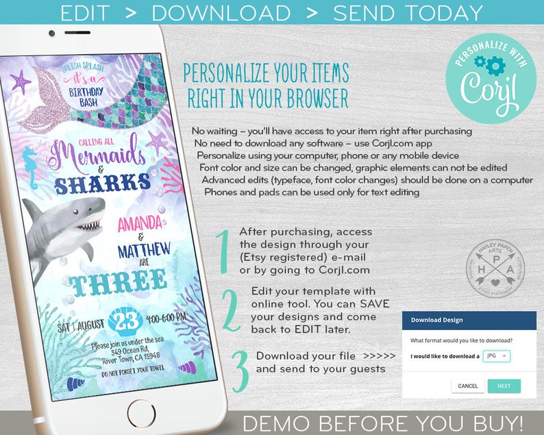 May include: A digital invitation for a mermaid and shark themed birthday party. The invitation features a mermaid tail, a shark, and the text "Calling all Mermaids & Sharks Amanda & Matthew are Three". The invitation is customizable using the Corjl.com app.