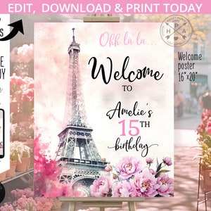 Paris eiffel tower welcome sign 16x20 any age birthday board ohh la la eifel poster sign parisian bohemian editable printable. 236HPA 16 A