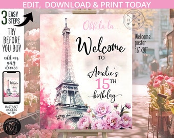 Paris eiffel tower welcome sign 16x20 any age birthday board ohh la la eifel poster sign parisian bohemian editable printable. 236HPA 16 A