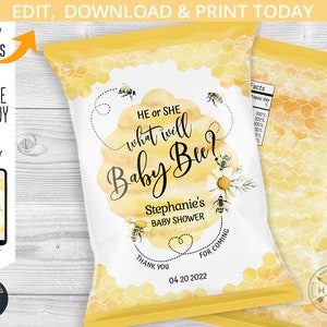 Bee chips bag, baby reveal shower, chip snacks treat bags favor wrapper, sweet honey bee, bumble bee party. Editable template. 049HPA 17 D3