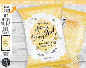 Bee chips bag, baby reveal shower, chip snacks treat bags favor wrapper, sweet honey bee, bumble bee party. Editable template. 049HPA 17 D3