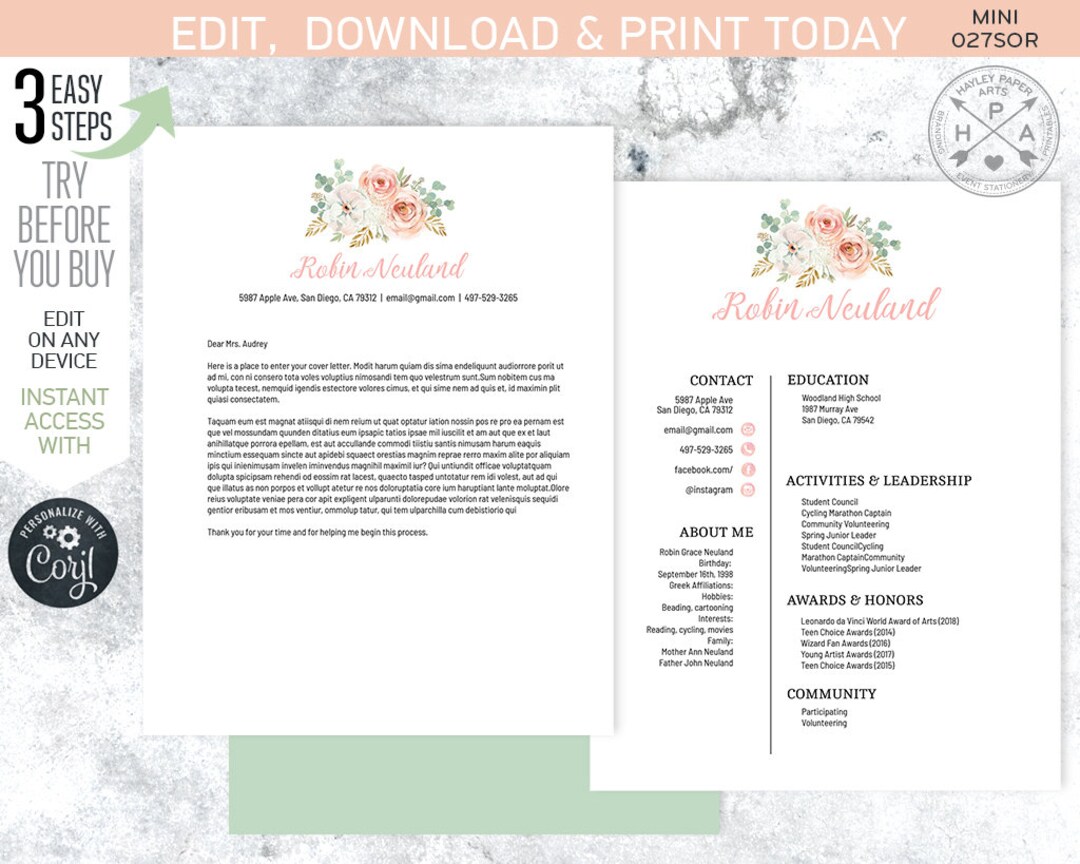 Rose Program Application Sample EDITABLE Sorority Recruitment Packet. MINI Pack. Resume Cover Letter ...