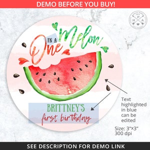 Peut inclure: Un cercle rose et blanc avec un graphique de past&egrave;que et le texte "One in a Melon" et "Brittney's first birthday".