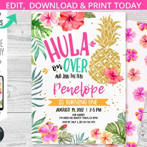 Inbjudan till födelsedag med hawaiiansk ananas och tropisk luau, inbjudan till fiesta och poolparty, oavsett ålder. Direktåtkomst till redigerbar mall. 187HPA 01 bild 1