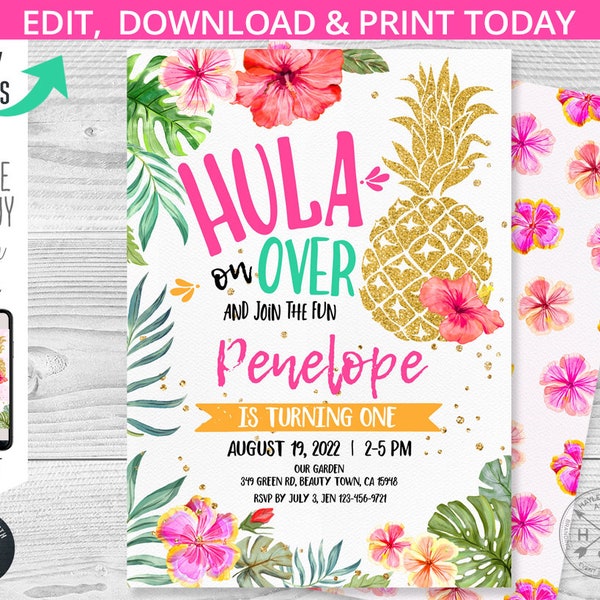 Luau hawaiian pineapple birthday invitation tropical invite fiesta pool party first any age. Instant access to editable template. 187HPA 01