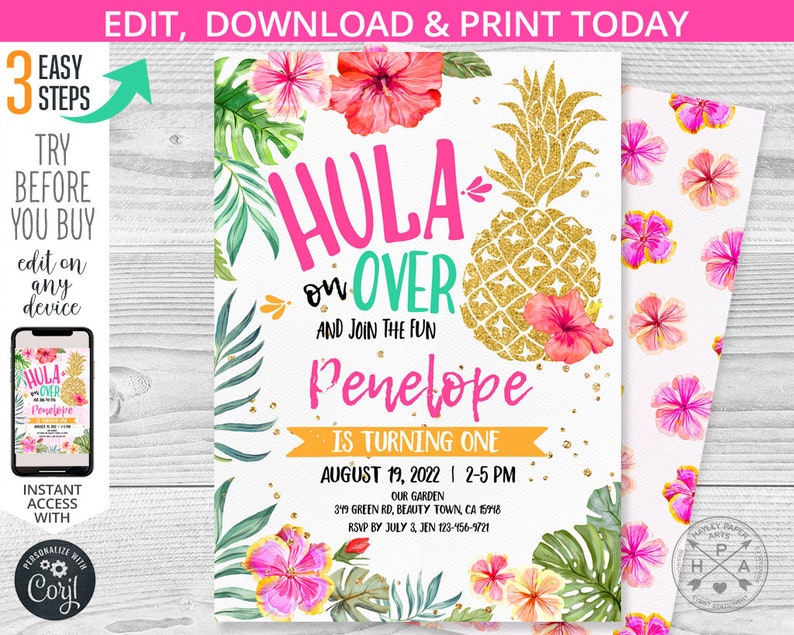 Inbjudan till födelsedag med hawaiiansk ananas och tropisk luau, inbjudan till fiesta och poolparty, oavsett ålder. Direktåtkomst till redigerbar mall. 187HPA 01 bild 1