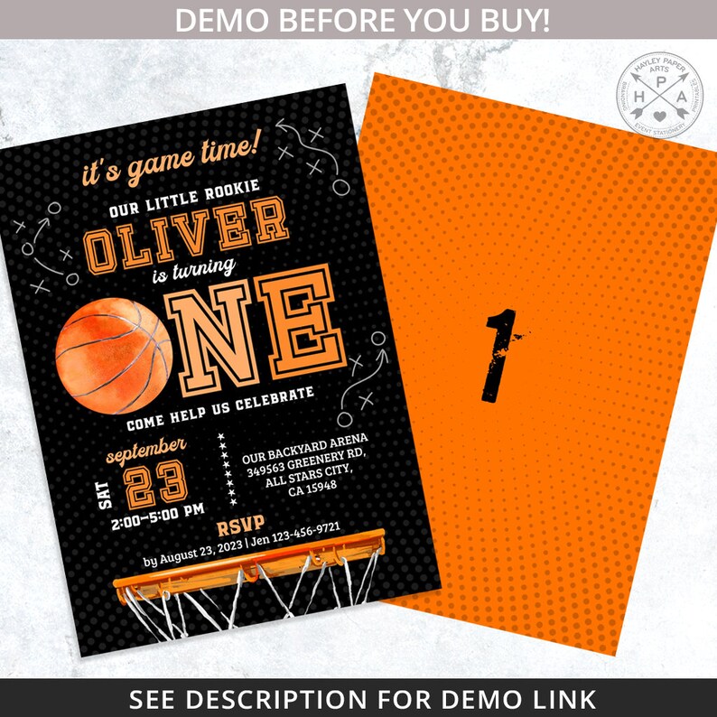 May include: A black and orange basketball-themed birthday invitation for a boy turning one. The invitation features a basketball with an orange and brown watercolor design, a basketball hoop, and the text "It's game time! Our little rookie Oliver is turning one. Come help us celebrate September 23, 2:00-5:00 PM. Our backyard arena 349563 Greenery Rd, All Stars City, CA 15948. RSVP by August 23, 2023 | Jen 123-456-9721."