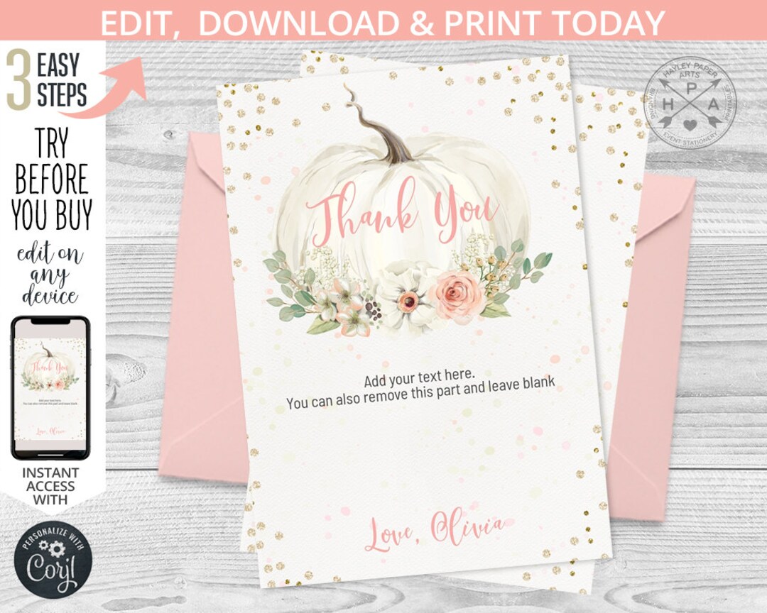 EDITABLE Pumpkin Thank You Card Boho Cards Girl Birthday Coral Pink ...