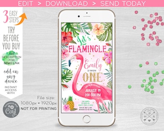 Let's Flamingle electronic birthday flamingo invitation any age first tropical party smartphone e-vite digital selfediting. E044 10 044HPA
