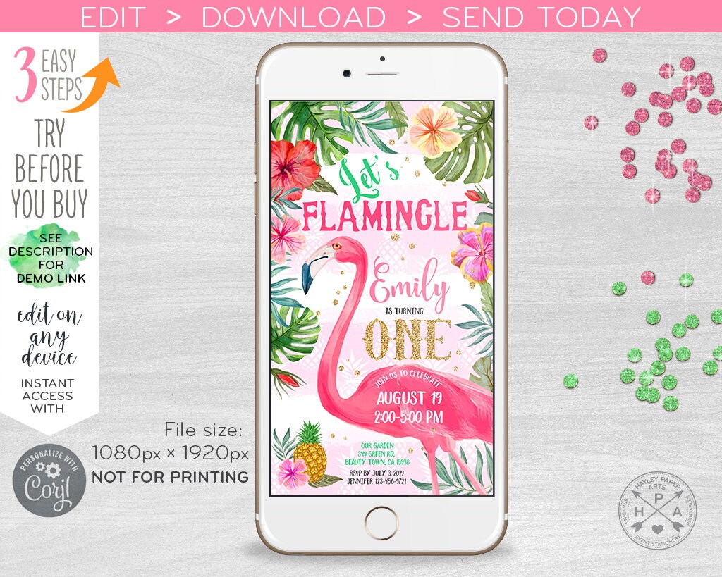 Lets Flamingle electronic birthday flamingo invitation any age first tropical party smartphone evite digital selfediting E044