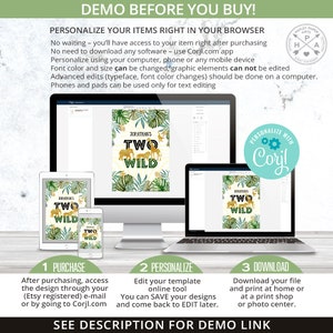 May include: A digital printable invitation for a child's second birthday party. The invitation features a jungle theme with green leaves, a giraffe, and a lion. The text on the invitation reads "Jonathan's Two Wild".