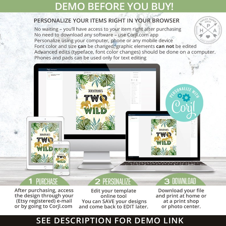 May include: A digital printable invitation for a child's second birthday party. The invitation features a jungle theme with green leaves, a giraffe, and a lion. The text on the invitation reads "Jonathan's Two Wild".