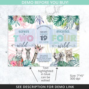 Puede incluir: Una invitaci&oacute;n digital para una fiesta de cumplea&ntilde;os con tem&aacute;tica de la jungla. La invitaci&oacute;n presenta un fondo de estampado de cebra rosa y verde con ilustraciones de acuarela de una jirafa, una cebra, un rinoceronte, un elefante y un tigre. El texto de la invitaci&oacute;n dice "Sophia tiene dos a&ntilde;os, salvaje" y "Michael tiene cuatro a&ntilde;os, siempre salvaje". La invitaci&oacute;n tambi&eacute;n incluye la fecha, la hora y el lugar de la fiesta.