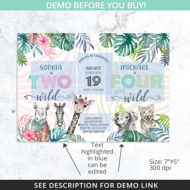 Puede incluir: Una invitaci&oacute;n digital para una fiesta de cumplea&ntilde;os con tem&aacute;tica de la jungla. La invitaci&oacute;n presenta un fondo de estampado de cebra rosa y verde con ilustraciones de acuarela de una jirafa, una cebra, un rinoceronte, un elefante y un tigre. El texto de la invitaci&oacute;n dice "Sophia tiene dos a&ntilde;os, salvaje" y "Michael tiene cuatro a&ntilde;os, siempre salvaje". La invitaci&oacute;n tambi&eacute;n incluye la fecha, la hora y el lugar de la fiesta.