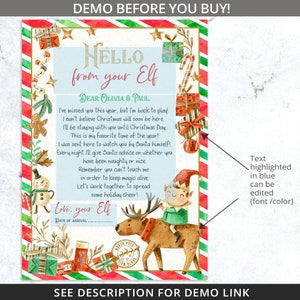 K&ouml;nnte beinhalten: Eine blaue und gr&uuml;ne Weihnachtskarte mit einer Aquarell-Illustration eines Elfen, der auf einem Rentier reitet. Die Karte hat einen rot-wei&szlig; gestreiften Rand und den Text "Hello from your Elf" in goldenen Glitzer. Der Text "Dear Olivia & Paul" ist in Schwarz geschrieben. Der Text "Text highlighted in blue can be edited (font/color)" ist in Schwarz geschrieben.