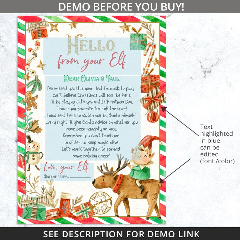 K&ouml;nnte beinhalten: Eine blaue und gr&uuml;ne Weihnachtskarte mit einer Aquarell-Illustration eines Elfen, der auf einem Rentier reitet. Die Karte hat einen rot-wei&szlig; gestreiften Rand und den Text "Hello from your Elf" in goldenen Glitzer. Der Text "Dear Olivia & Paul" ist in Schwarz geschrieben. Der Text "Text highlighted in blue can be edited (font/color)" ist in Schwarz geschrieben.