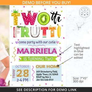 Op de afbeelding: Een kleurrijke uitnodiging voor een kinderfeestje voor een kind van twee jaar. De uitnodiging heeft een fruitthema met de woorden "Two-th Fruti!" en "Marriela wordt twee jaar". De uitnodiging is versierd met kleurrijke vruchten en confetti. De tekst "come party with our cutie" is in paars geschreven. De datum en tijd van het feest zijn aangegeven als "October 28, 2-4 PM". Het adres en de RSVP-informatie zijn ook opgenomen.