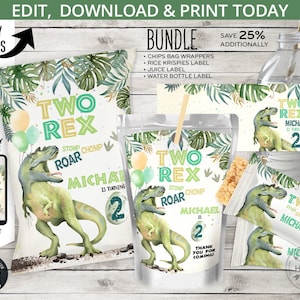 BUNDLE Dinosaur two rex chips bag, juice bags, rice krispies water labels, dino T-Rex pack second birthday. Editable printables. 141HPA 42