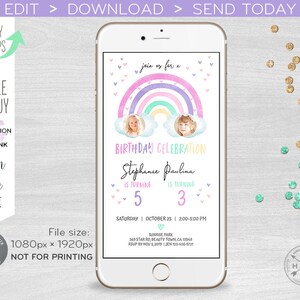 May include: A digital birthday invitation displayed on a smartphone. The invitation features a pastel rainbow design with two photos, names, ages, and event details. Text includes "Birthday Celebration" and "Join us for a".