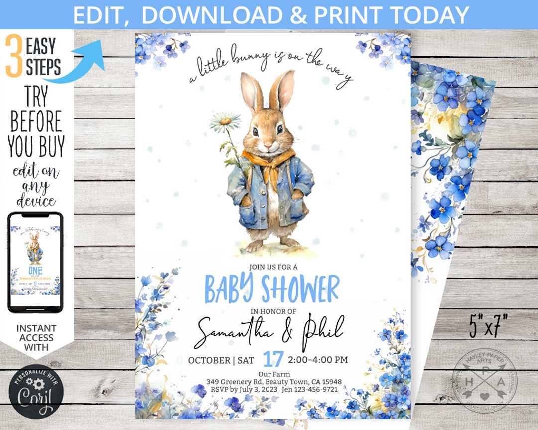 Little Bunny Baby Shower Peter Rabbit Invitation Boy Party Editable ...