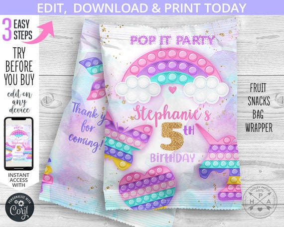 Pop it fruit snacks bag, fidget toys party snacks treat bags, wrapper, rainbow pouch, any age birthday. Editable template. 175HPA 35 C Il_570xn