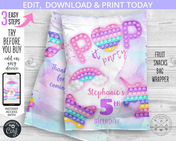 Pop it fruit snacks bag, fidget toys party snacks treat bags, wrapper, rainbow pouch, any age birthday. Editable template. 175HPA 35 E Il_570xn