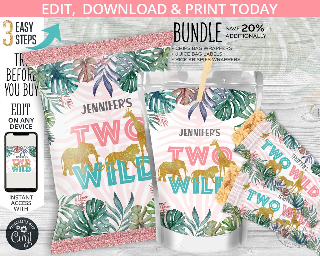 BUNDLE Jungle Girl Two Wild Chips Bag Juice Bags Labels ...