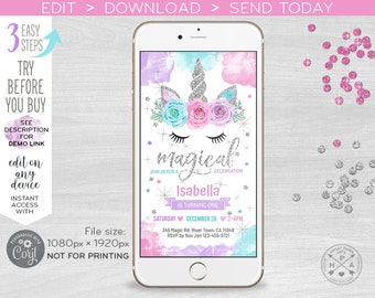 May include: A digital invitation for a first birthday party with a unicorn theme. The invitation features a sparkly silver unicorn with a pink and blue background. The text on the invitation reads "magical celebration" and "Isabella is turning one".