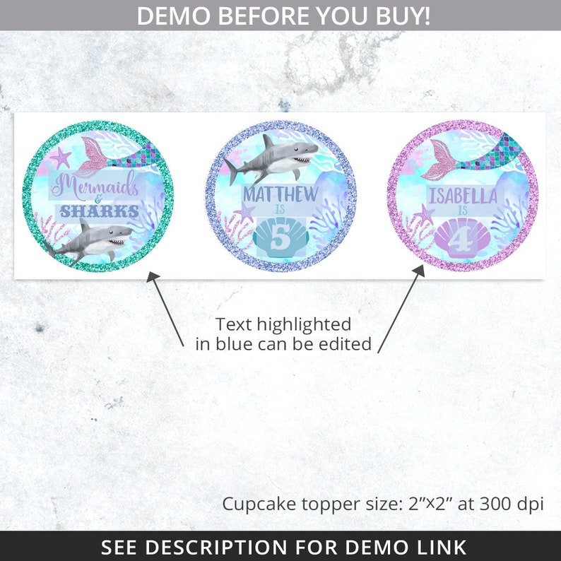 May include: Three round cupcake toppers with a mermaid and shark theme. The toppers are 2 inches by 2 inches and feature a blue, green, and purple glitter background. The text on the toppers reads "Mermaids & Sharks", "Matthew is 5", and "Isabella is 4".