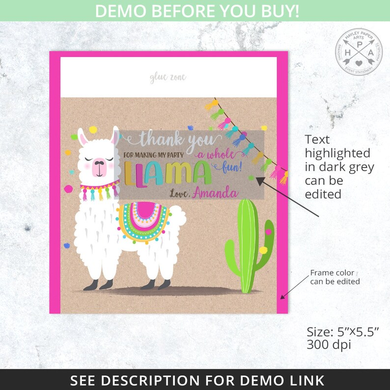 May include: A party invitation card with a white llama illustration, colorful accents, and the text "thank you for making my party a whole llama fun!" The card has a pink border and a cactus illustration.
